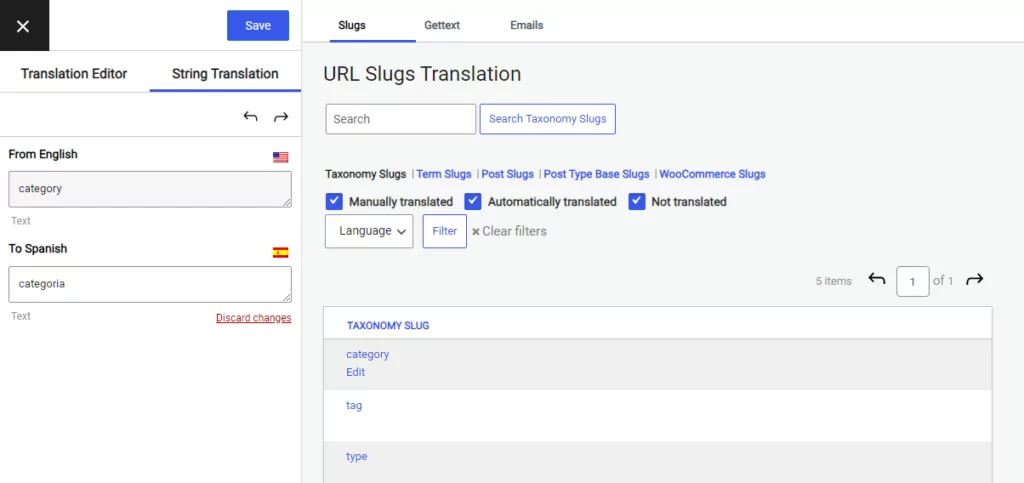 Translate taxonomy slugs using TranslatePress