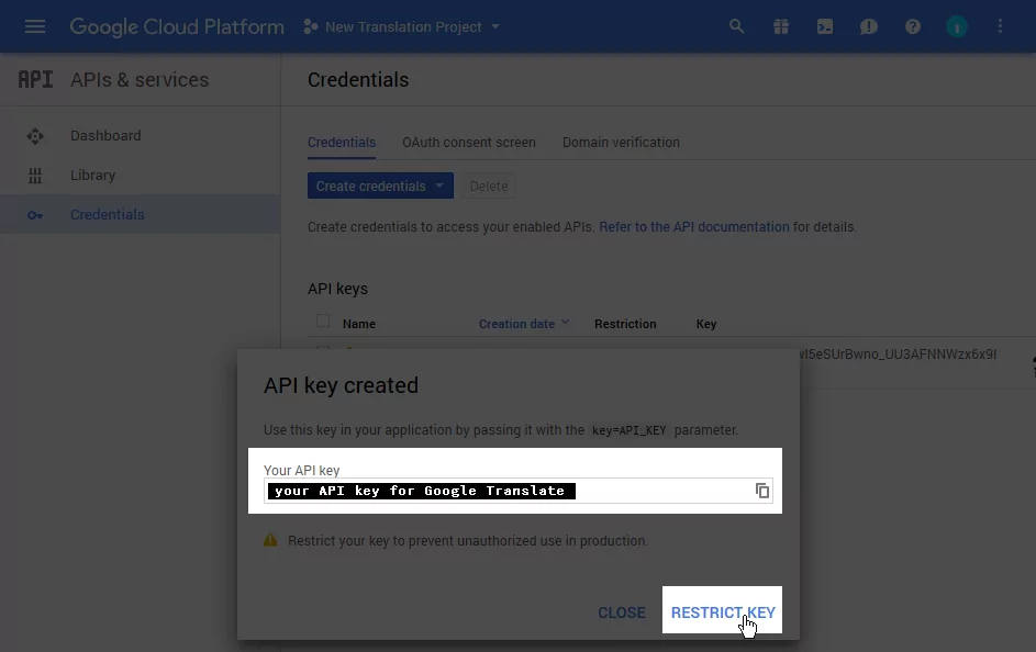 Restricting the Google Translate API key to a particular website