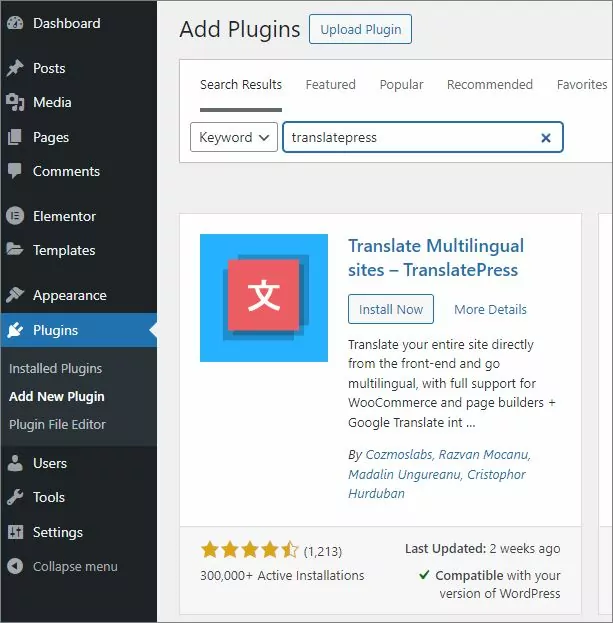 Installing TranslatePress plugin