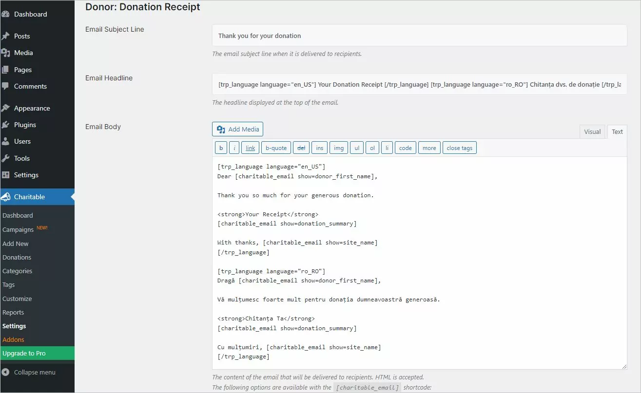 Translate Charitable Plugin Email suign Coditional Shortcode Based on Language from TranslatePress