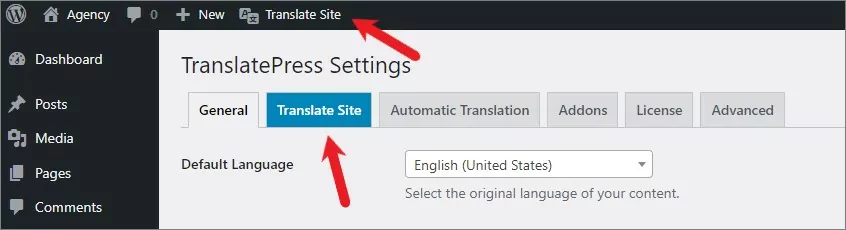 TranslatePress translate site button