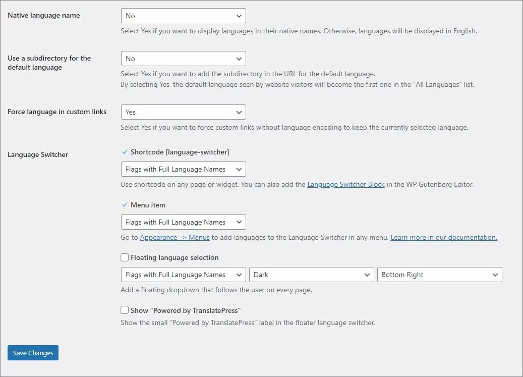 TranslatePress settings