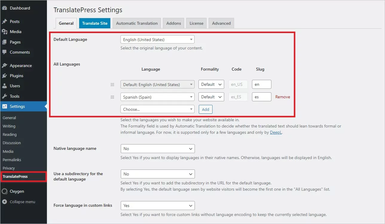 Add Additional Language in TranslatePress Settings