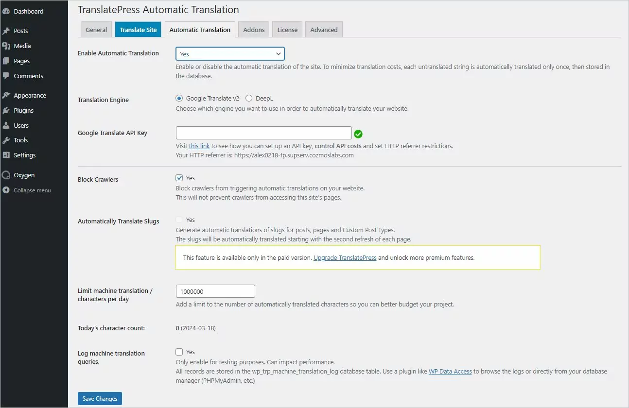 Set up automatic translation in TranslatePress Settings