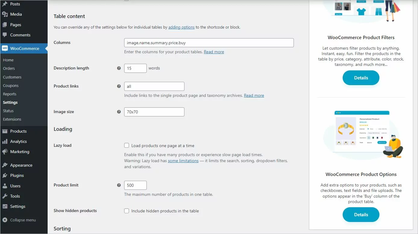 WooCommerce Product Table Settings