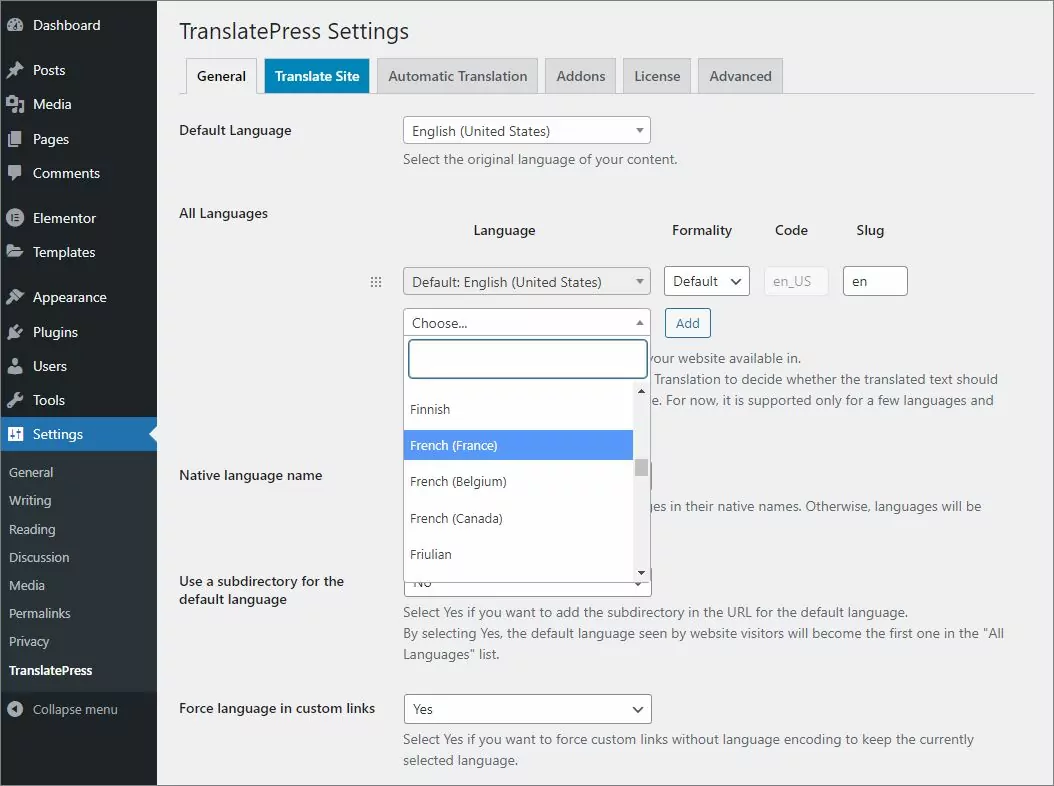 Adding French language in TranslatePress