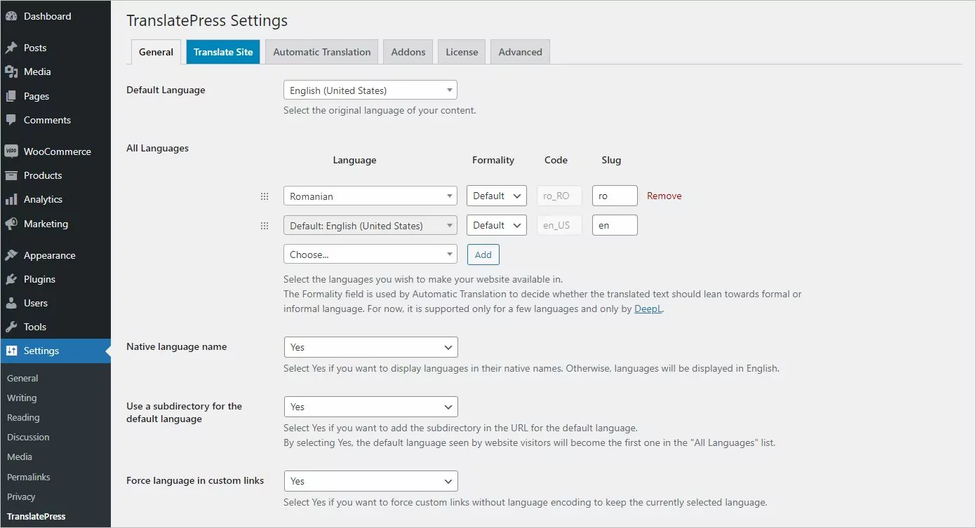 Settings for translating your site using TranslatePress