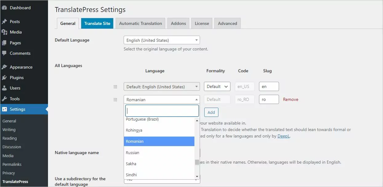 Setup TranslatePress - Adding Romanian as addional language