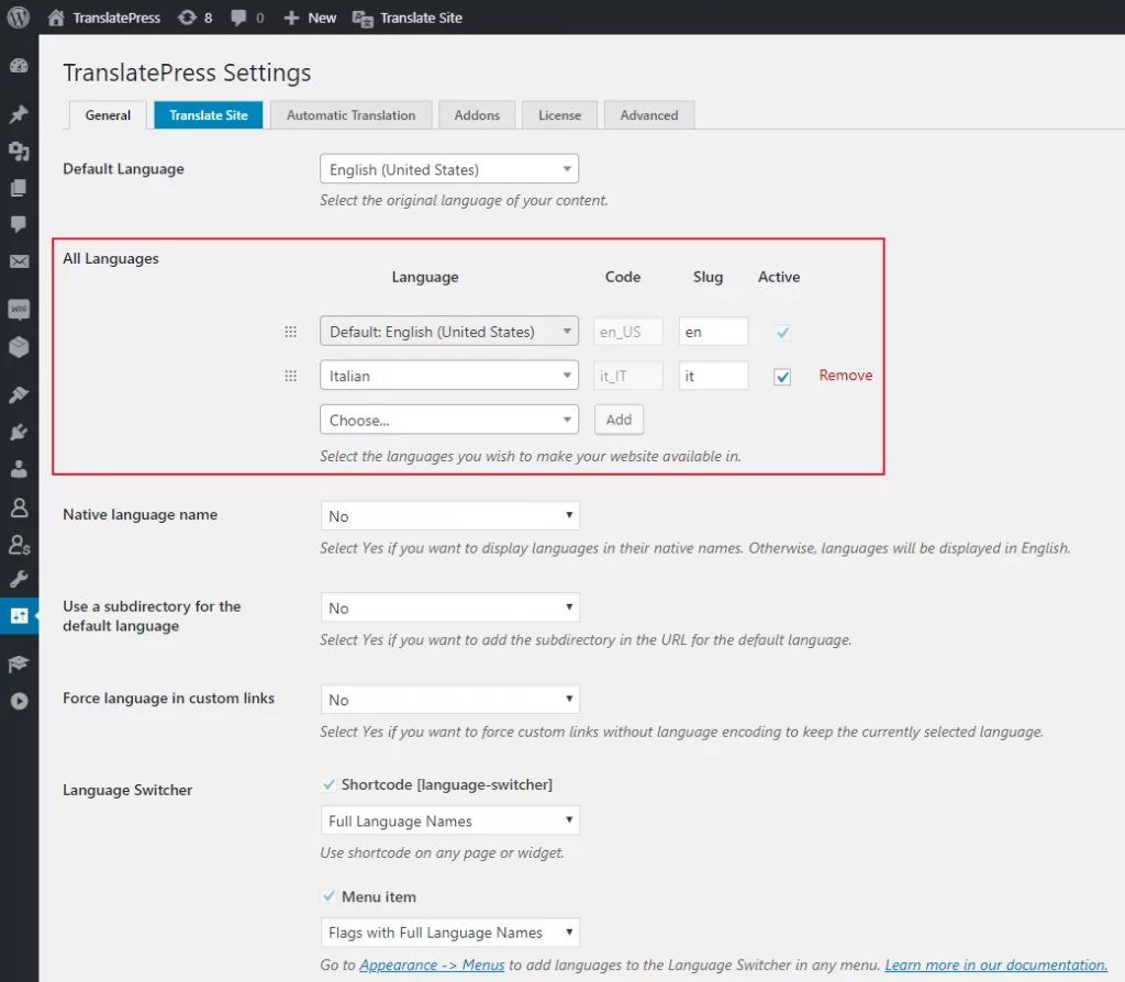 Add translation languages under TranslatePress settings