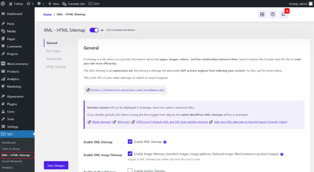 AIOSEO sitemap creation from settings