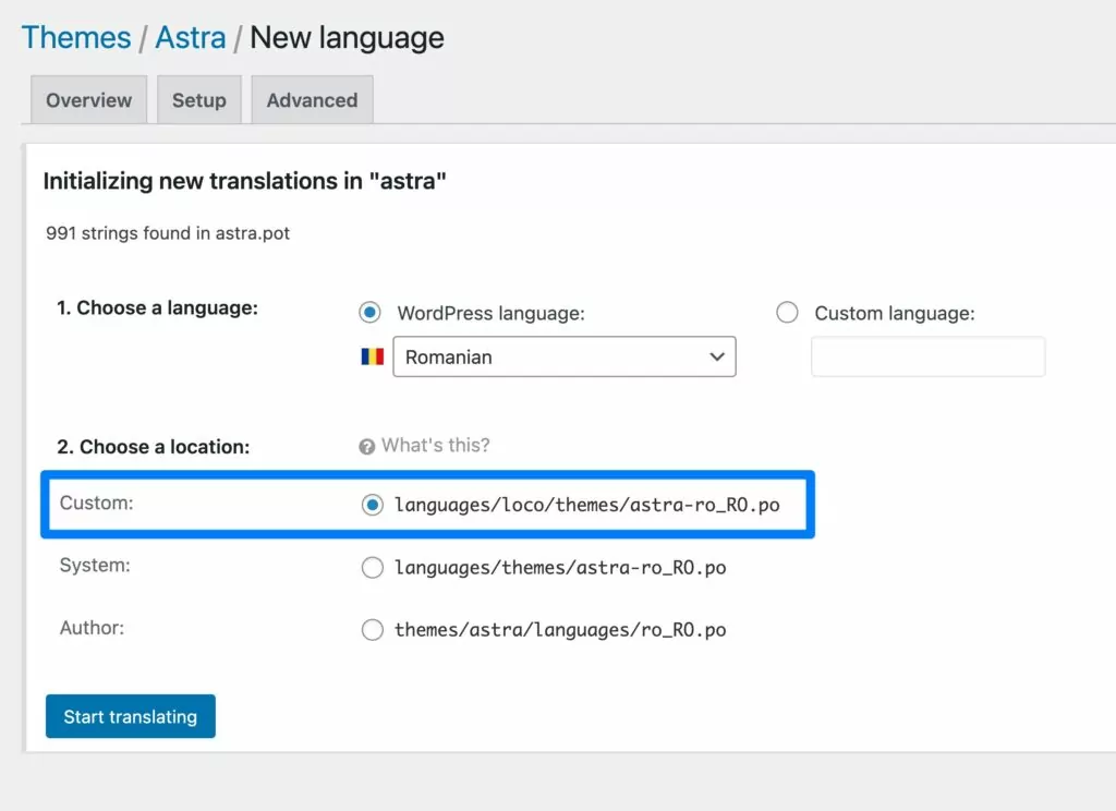 How to choose a custom file location to avoid problems with Loco Translate not working