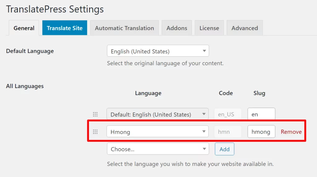 Choose custom language