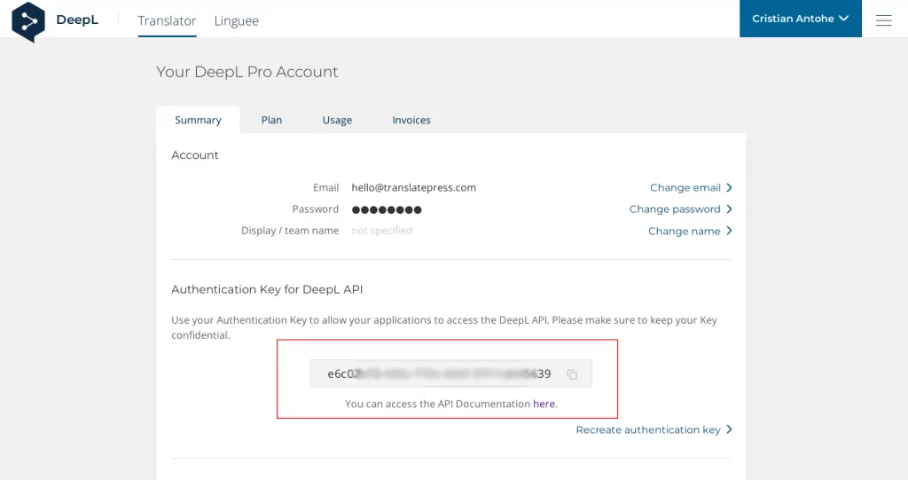 DeepL API Key location