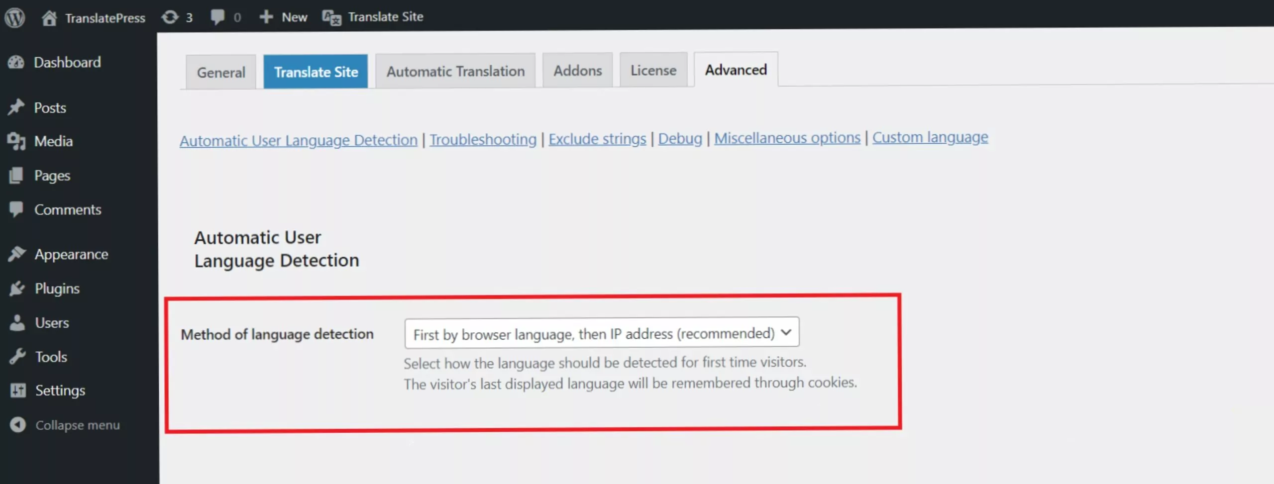 Method of language detection settings