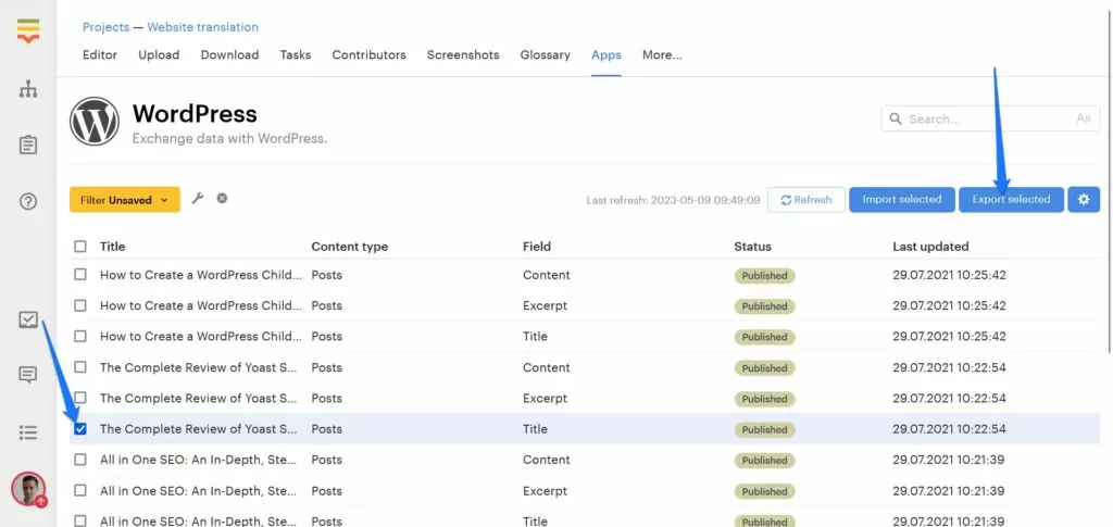 export translated string to wordpress website