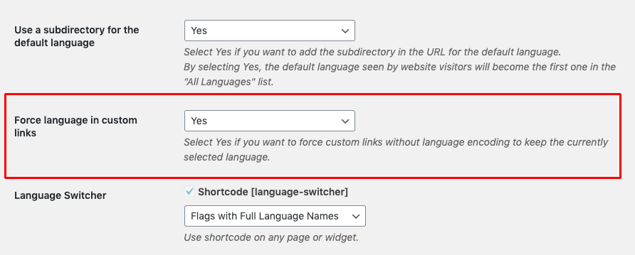 Enabling the forced translation of custom links with TranslatePress