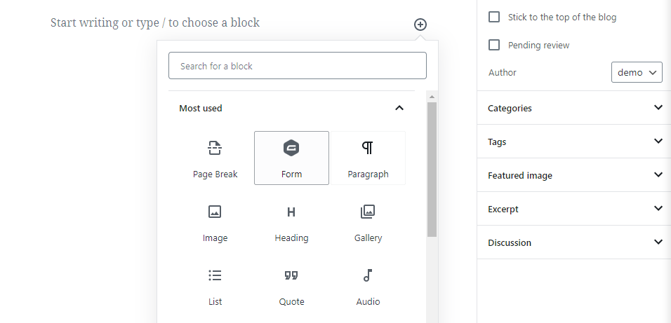 Adding a Gravity Forms block.