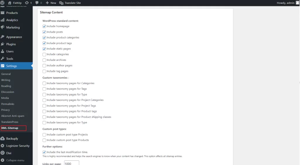 google sitemap xml settings