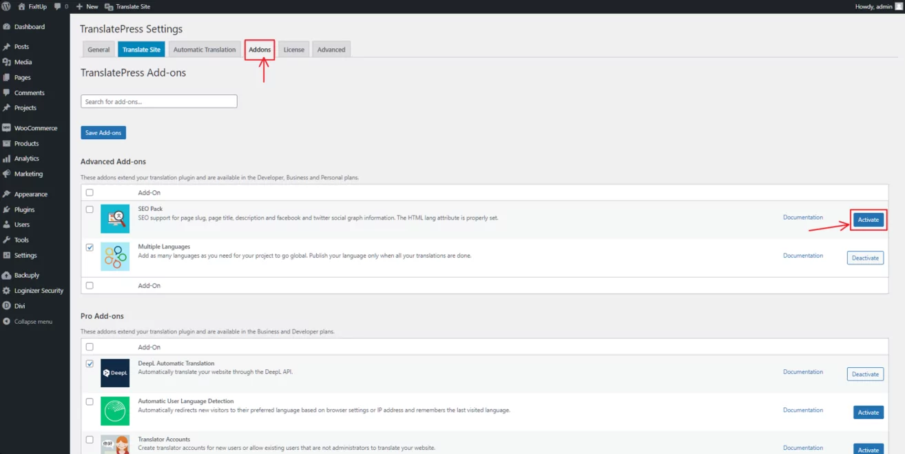 how to activate seo pack addon from translatepress settings
