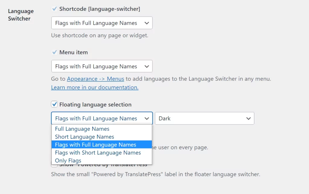 Language switcher settings