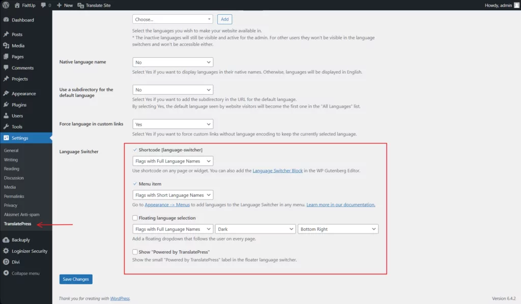 language switchers from translatepress general settings