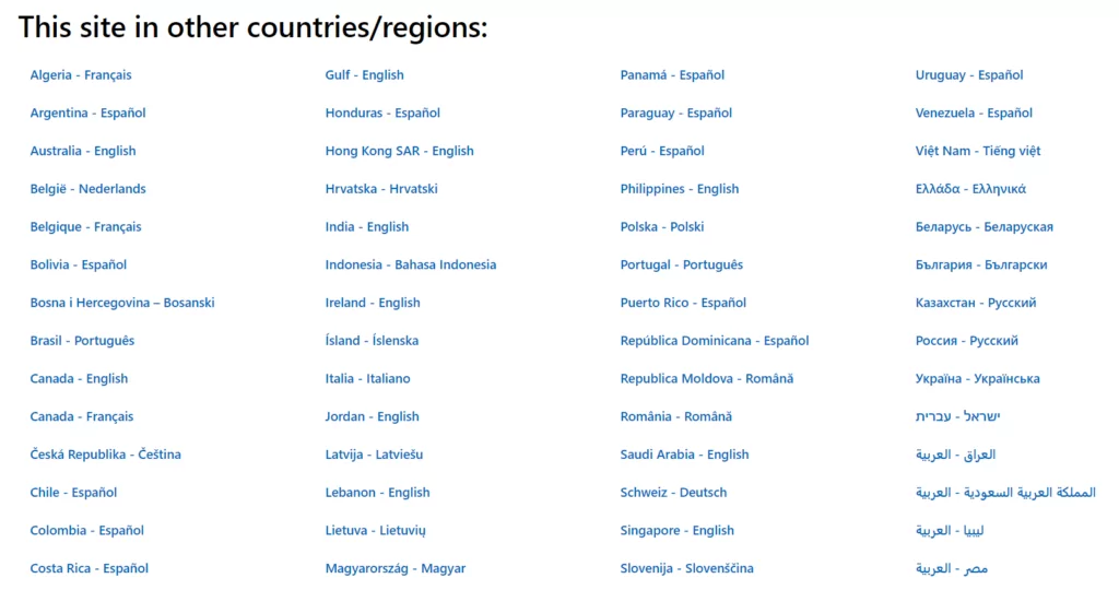 microsoft language selector navigation menu