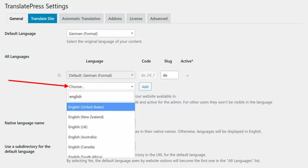 pick target language in translatepress