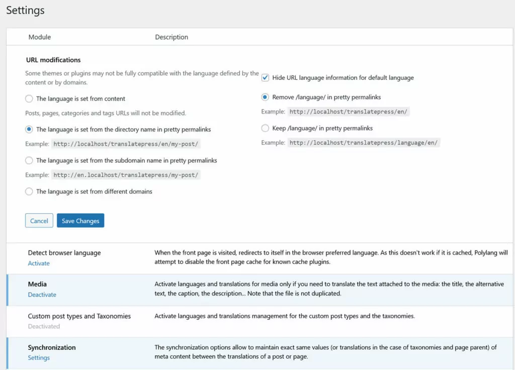 polylang settings page