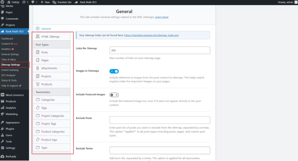 rankmath SEO sitemap settings page under settings