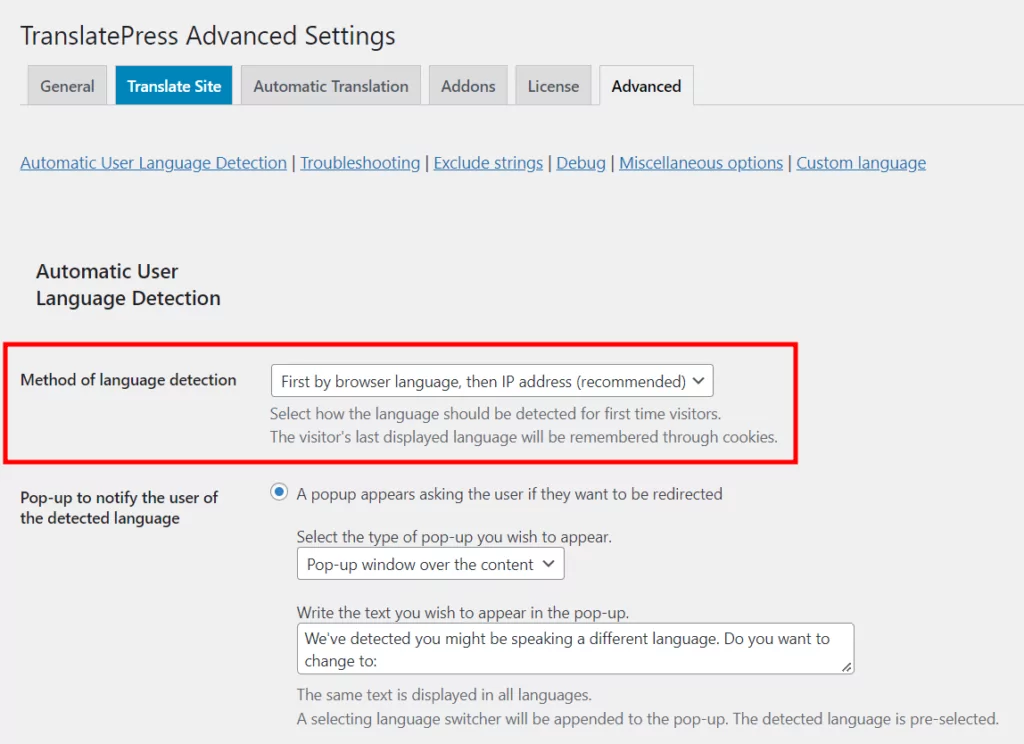 Automatic Detection of User Language TranslatePress