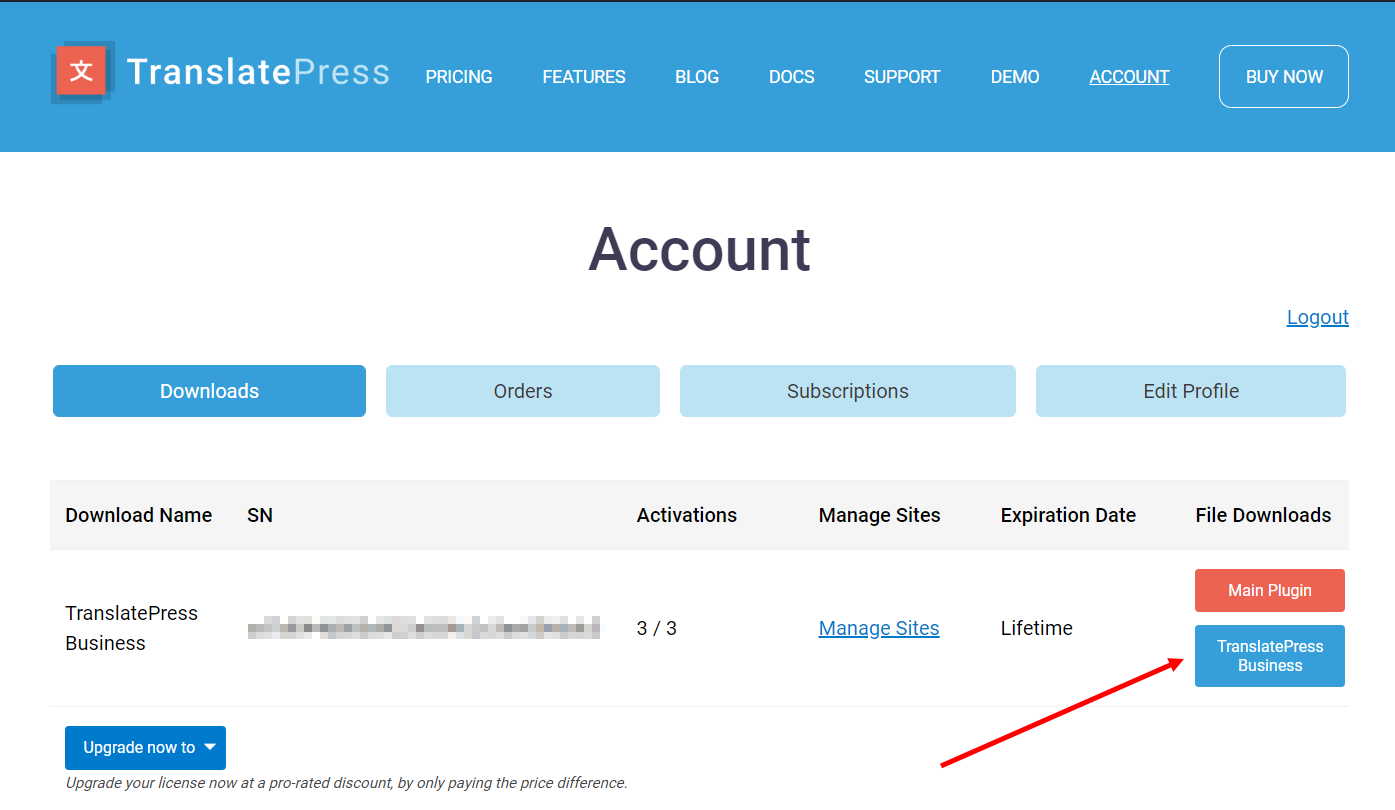 TranslatePress account page - download the plugin