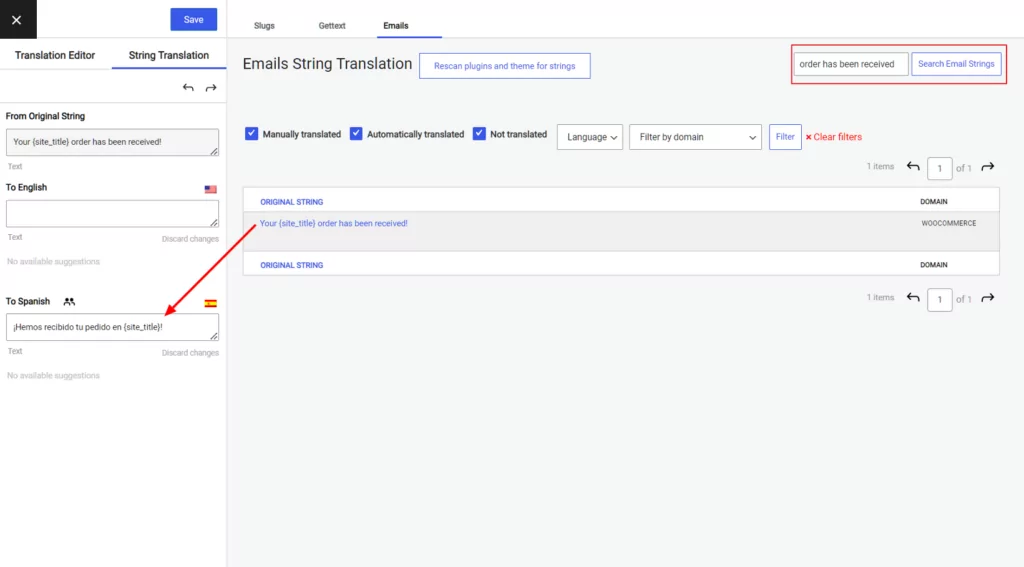 search for email to translate specific emails from woocommerce