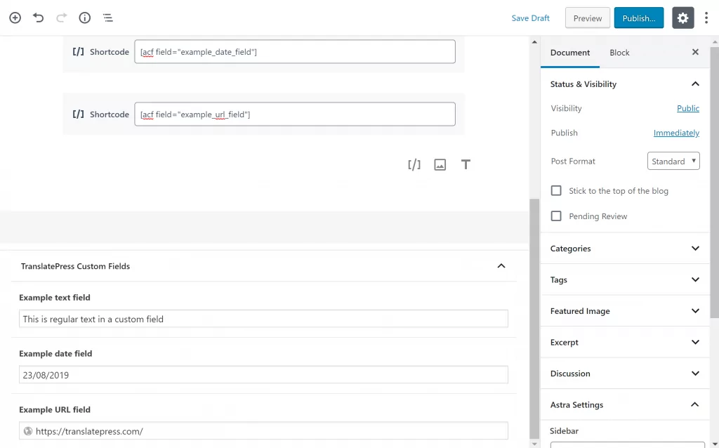ACF custom fields in WordPress editor