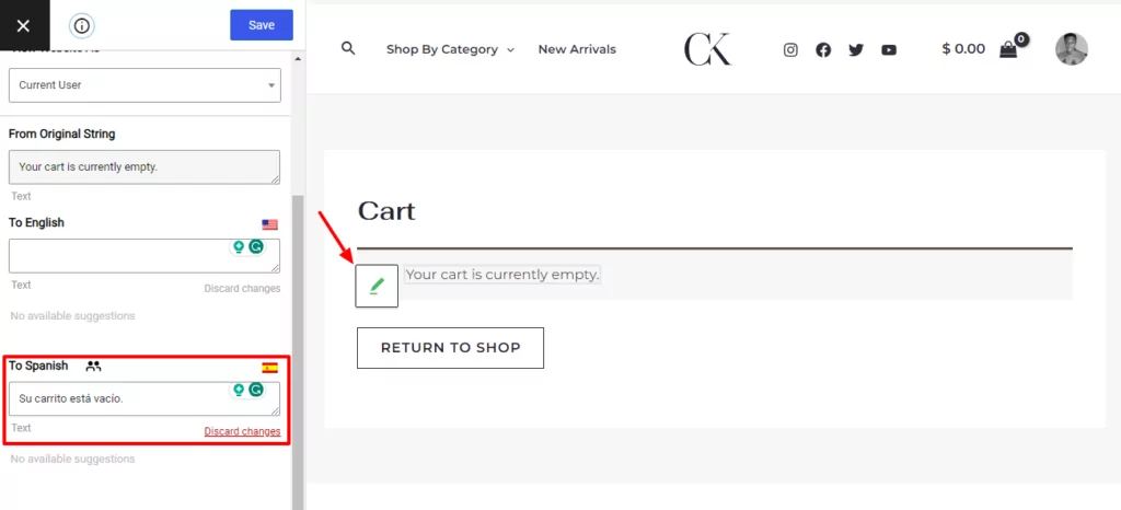 Translate empty WooCommerce cart