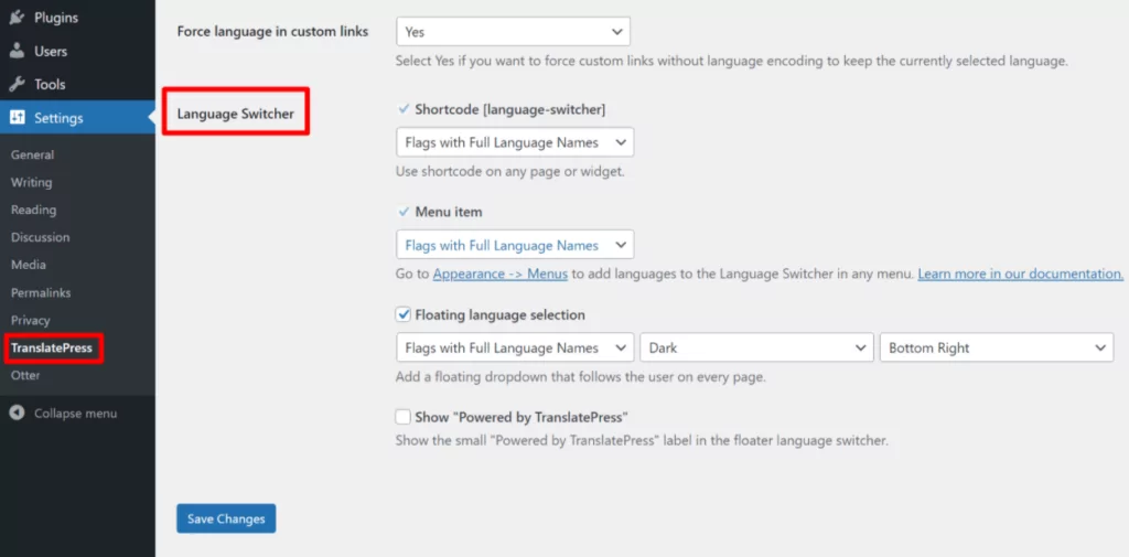 Configure languages switcher