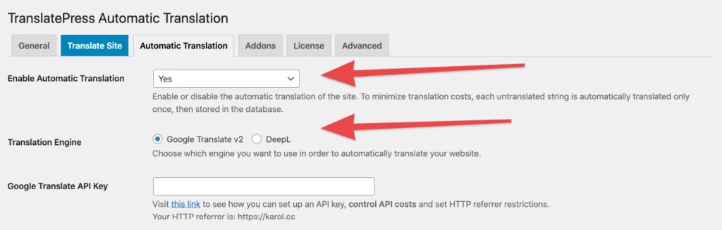 Automatic translation in TranslatePress