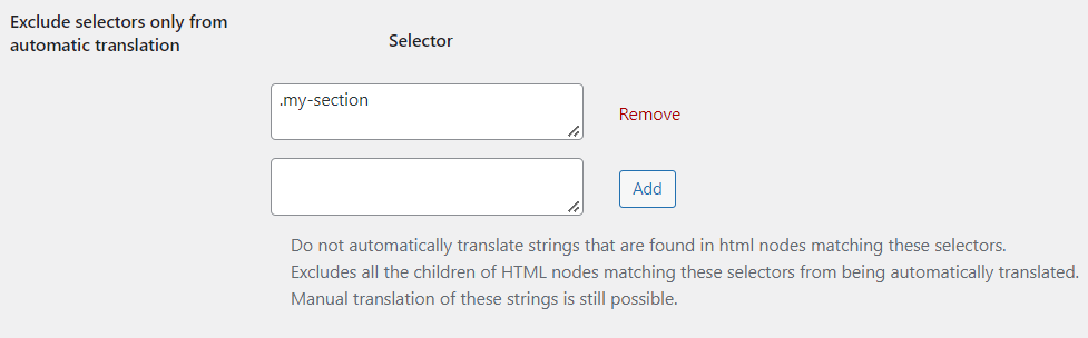 Excluding selectors from automatic translation only