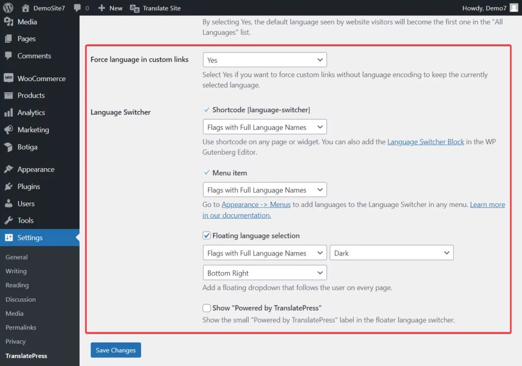 translatepress general settings page options