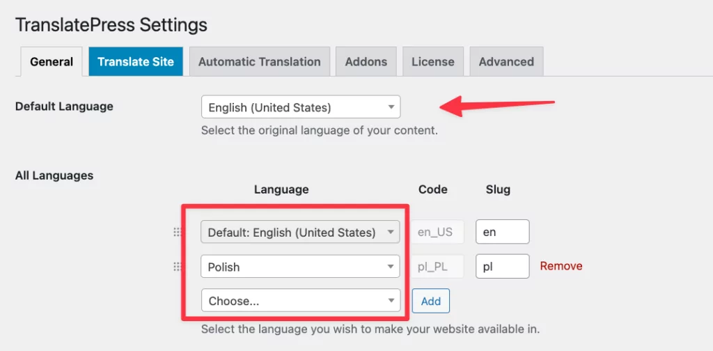 translatepress language settings