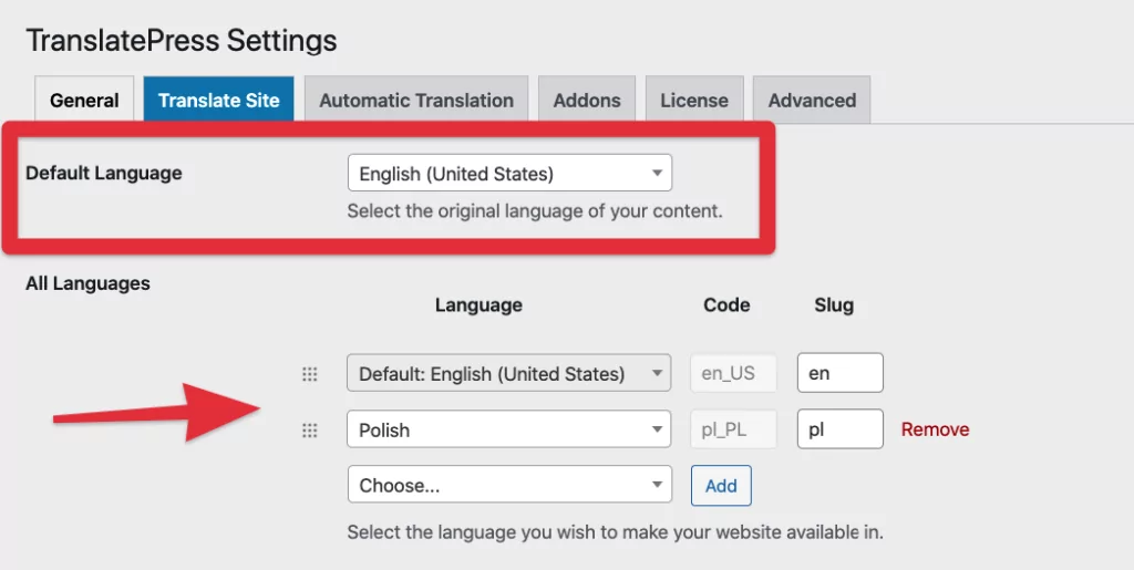 TranslatePress settings