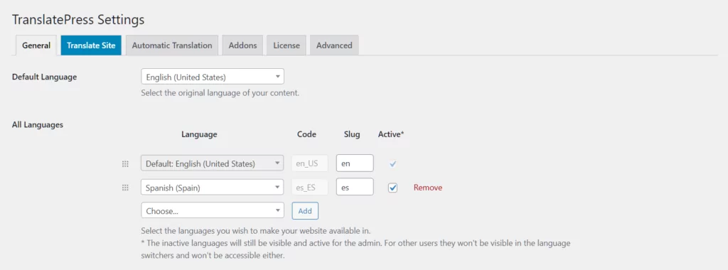 translatepress settings page language selector english and spanish multilingual