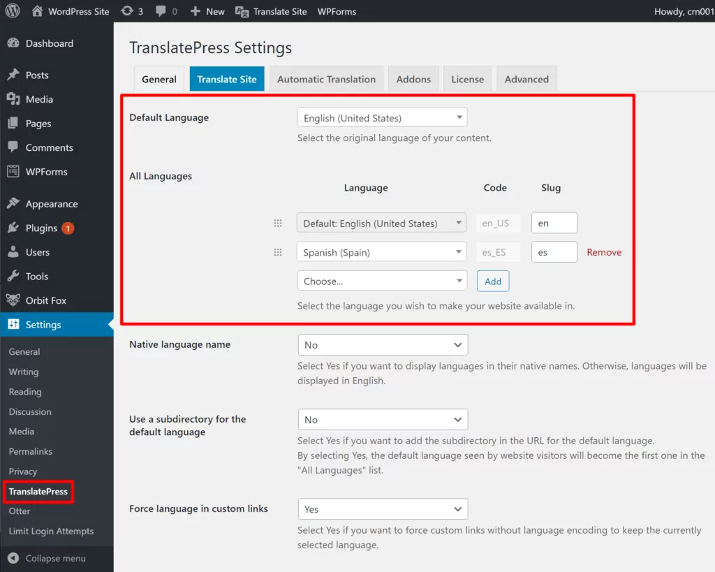 Choose languages for WordPress translation management system