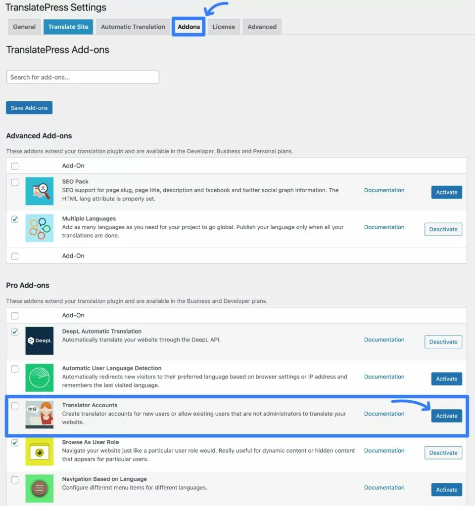 Install the Translator Accounts add-on to work with professional translation services