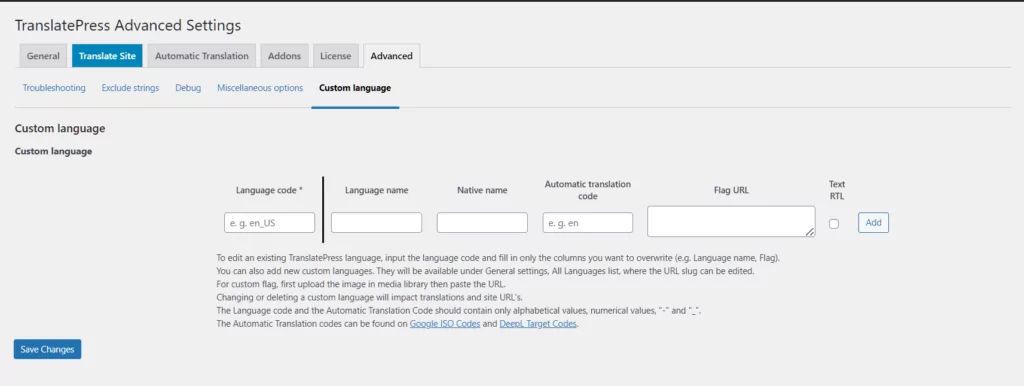 WooCommerce add custom language packs from translatepress settings