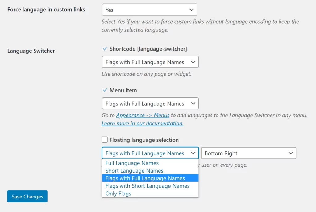 Language switcher settings