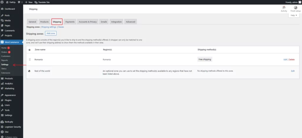 woocommerce settings shipping zones