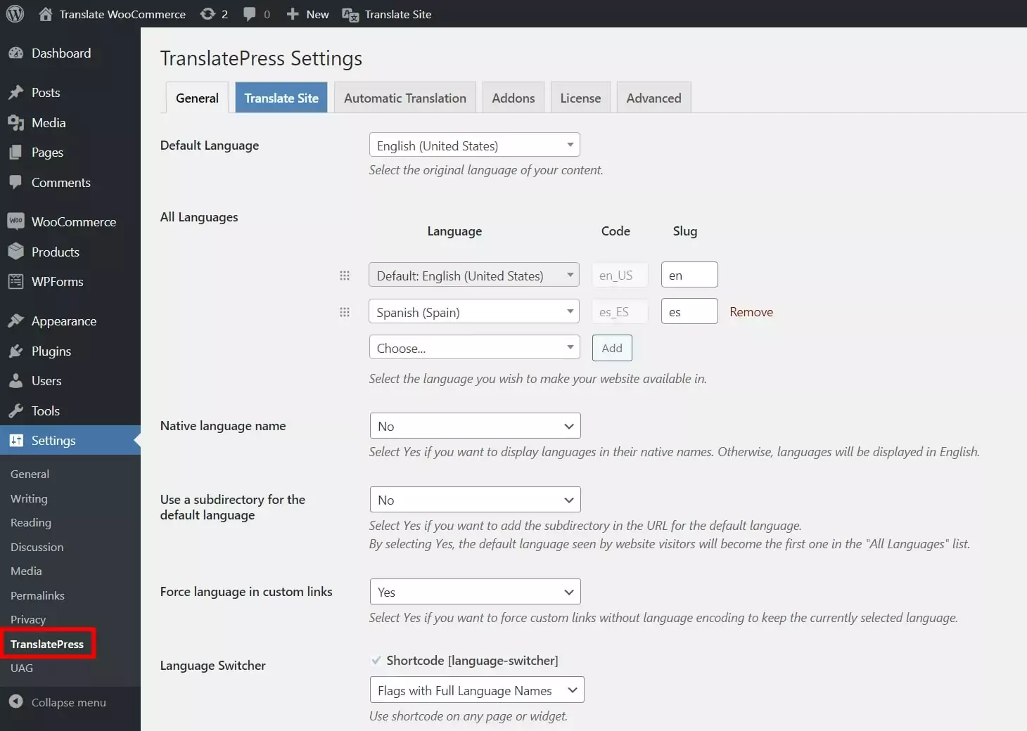 TranslatePress settings