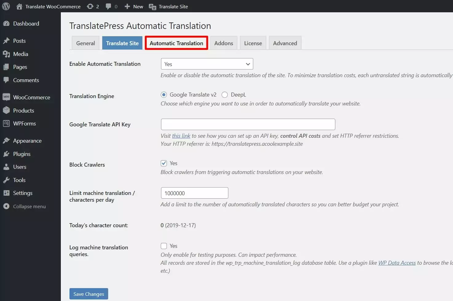 Automatic translation settings