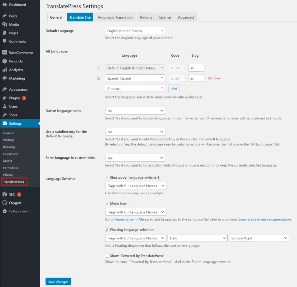 TranslatepRess settings