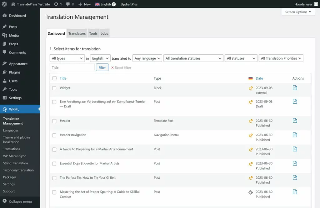 wpml translation management screen